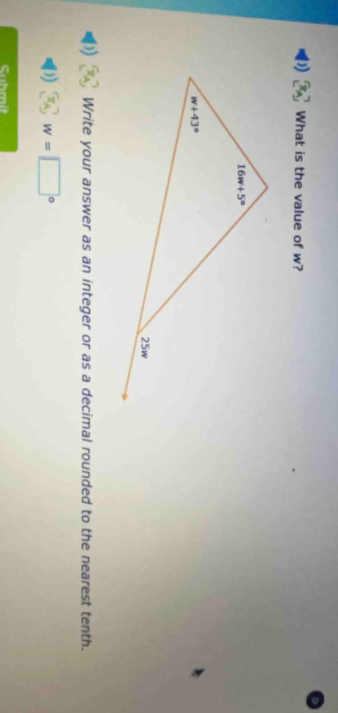 what is the value of w? write your answer as an integer or as a decimal…