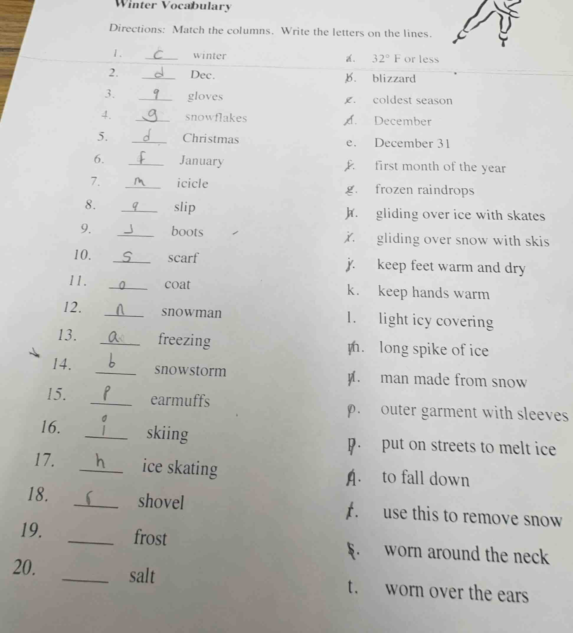 winter vocabulary directions: match the columns. write the letters on t…