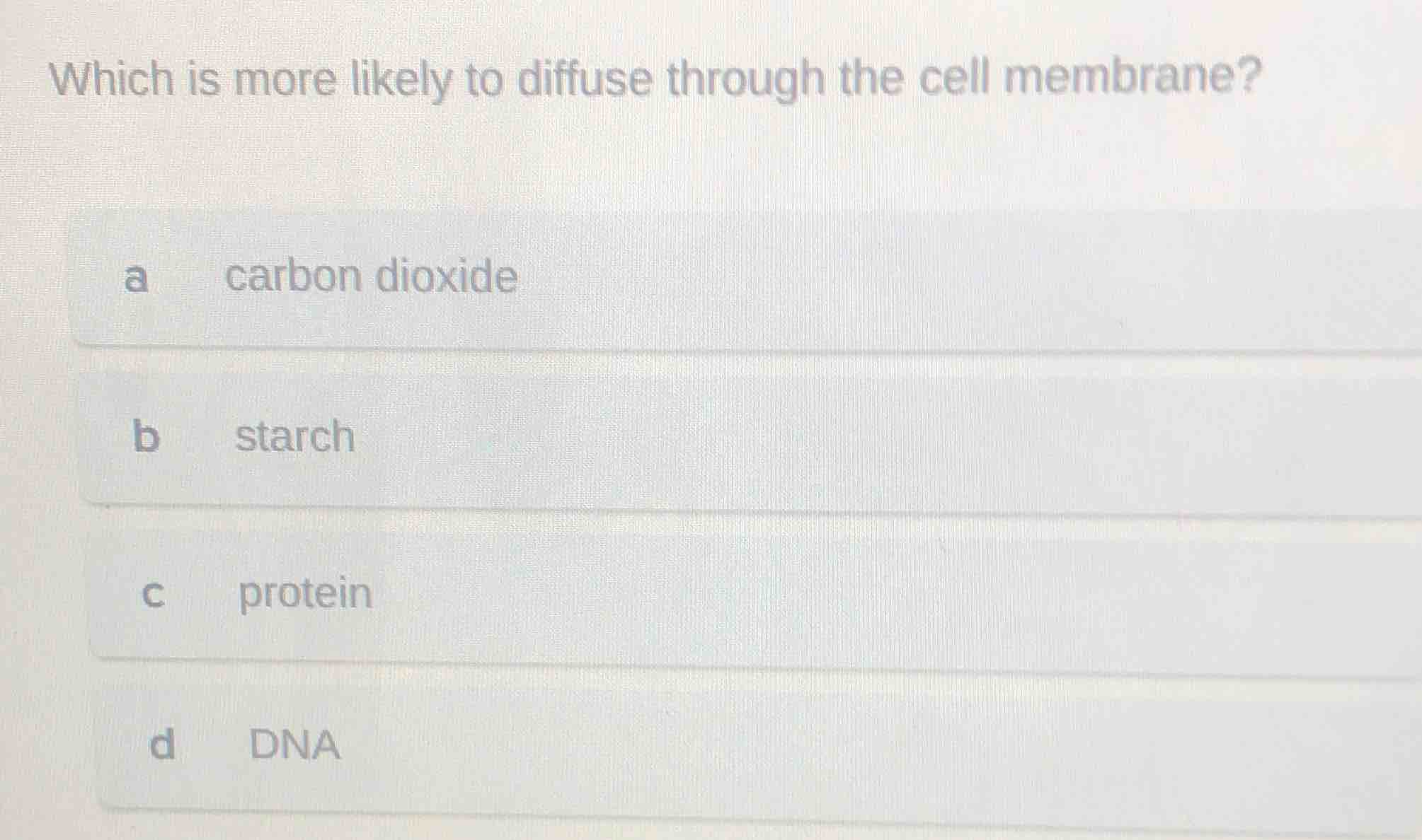 which is more likely to diffuse through the cell membrane? a carbon dio…