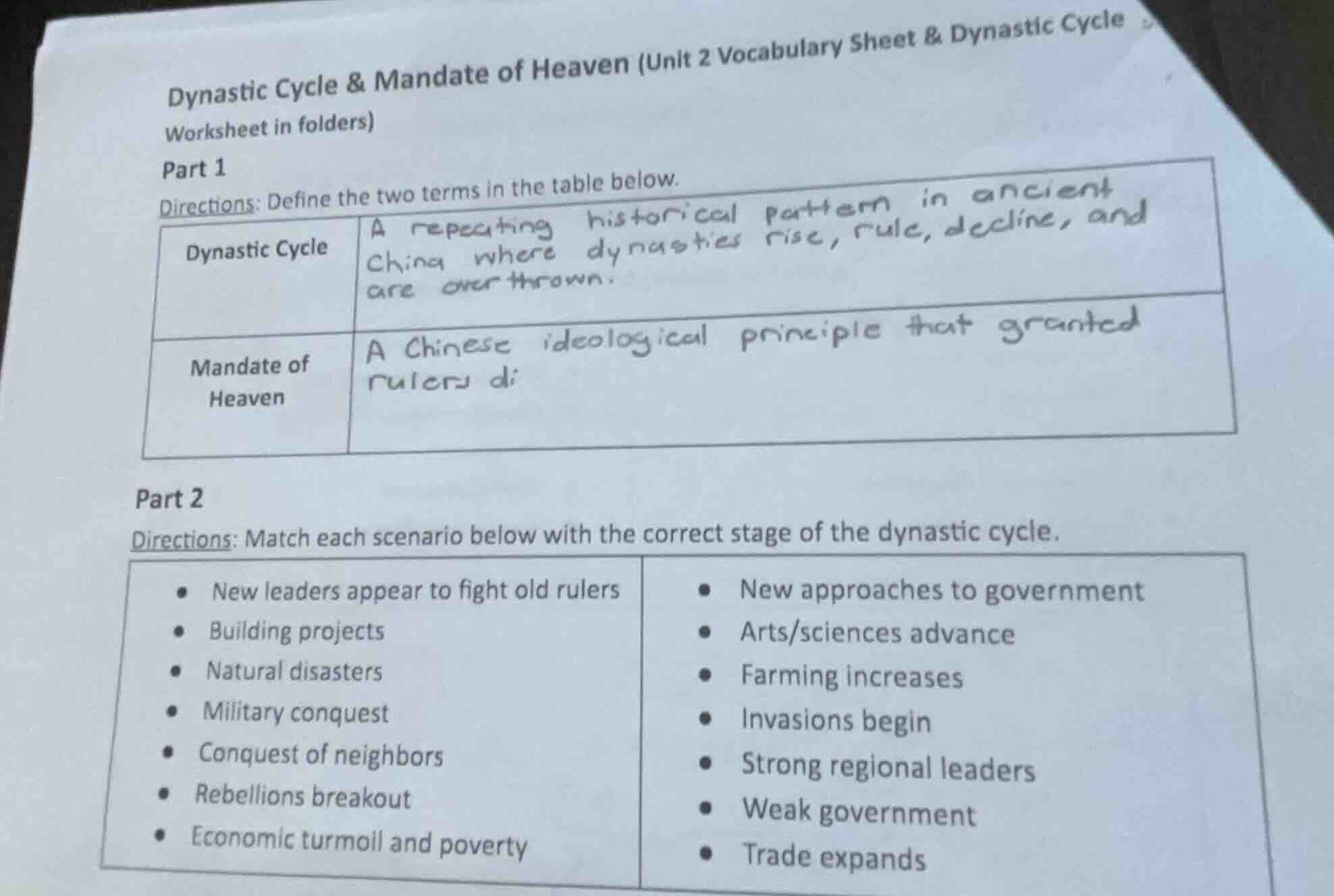 dynastic cycle & mandate of heaven (unit 2 vocabulary sheet & dynastic …