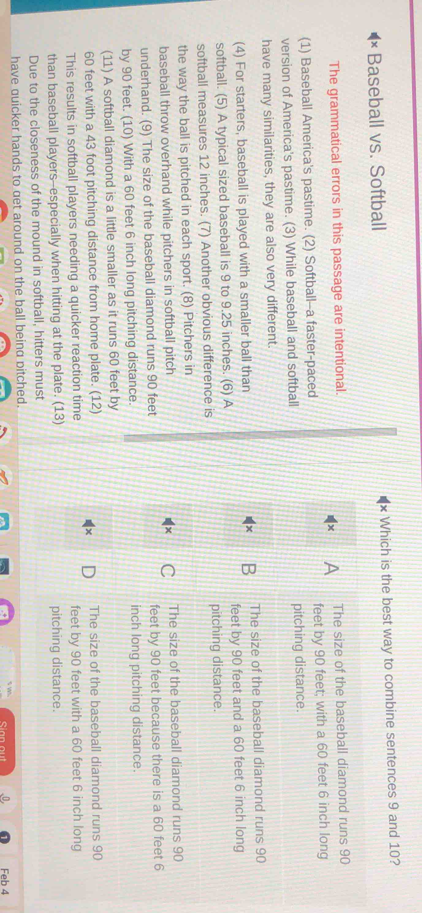 baseball vs. softball the grammatical errors in this passage are intent…