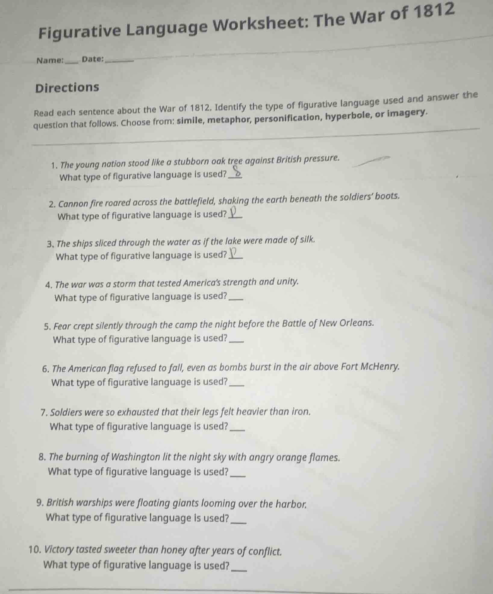 figurative language worksheet: the war of 1812 name:___ date:______ dir…