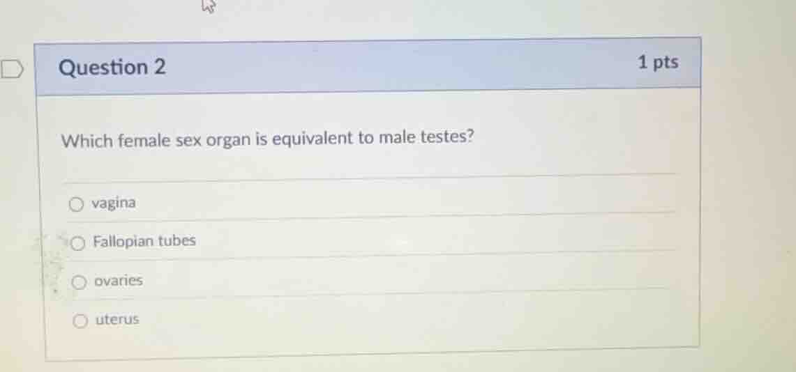question 2 1 pts which female sex organ is equivalent to male testes? ○…