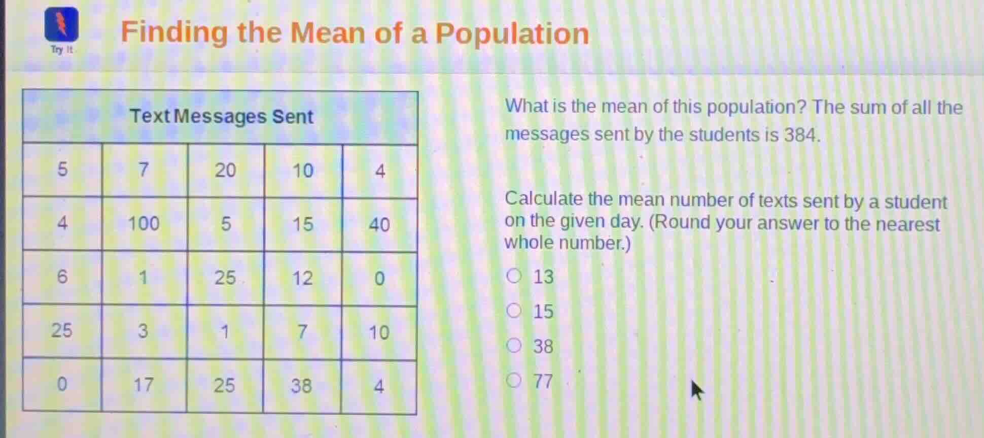 finding the mean of a population text messages sent 5 7 20 10 4 4 100 5…