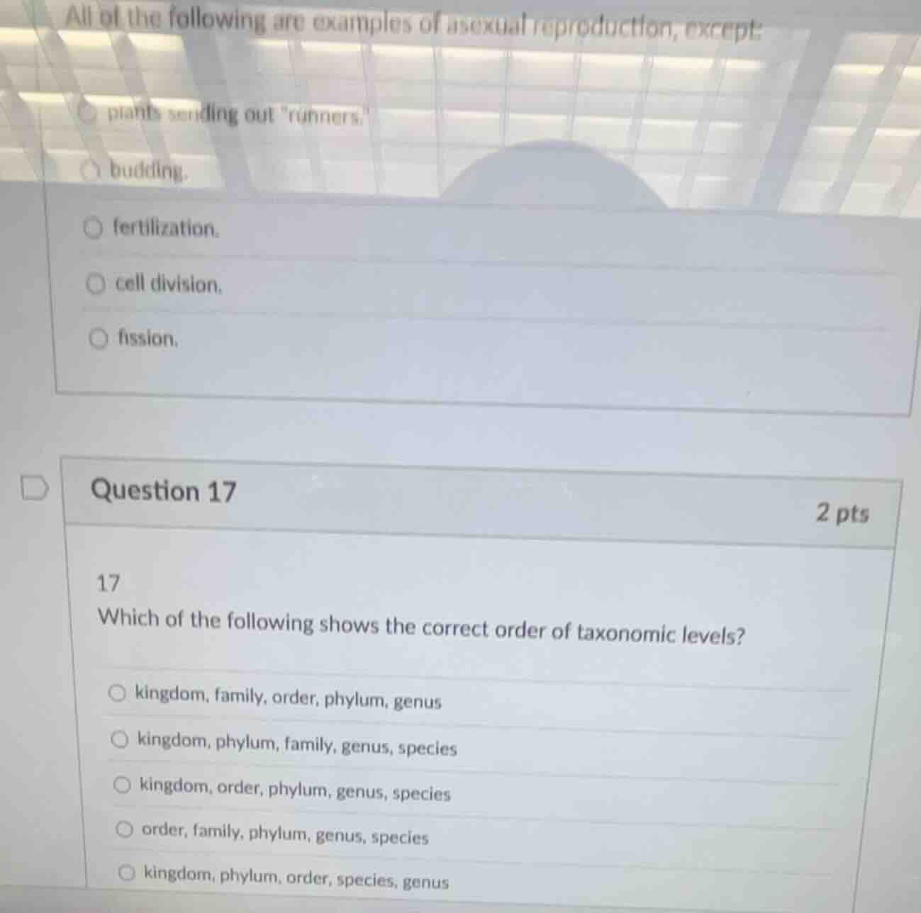 all of the following are examples of asexual reproduction, except: plan…