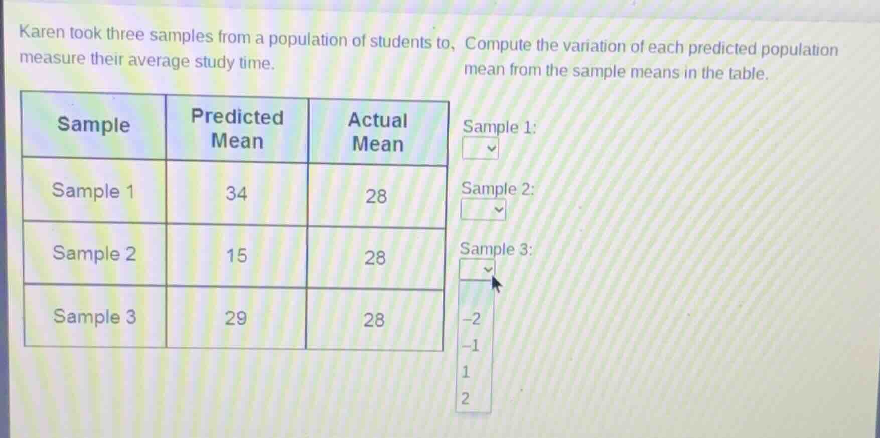 karen took three samples from a population of students to measure their…