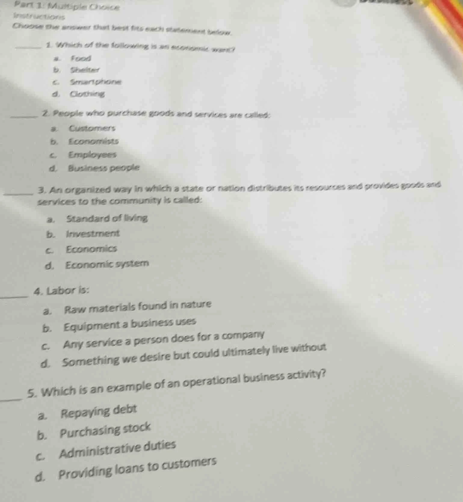 part 1: multiple choice instructions choose the answer that best fits e…