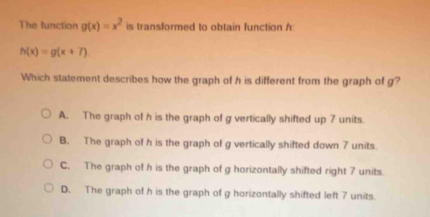 the function ( g(x) = x^2 ) is transformed to obtain function ( h ):( h…