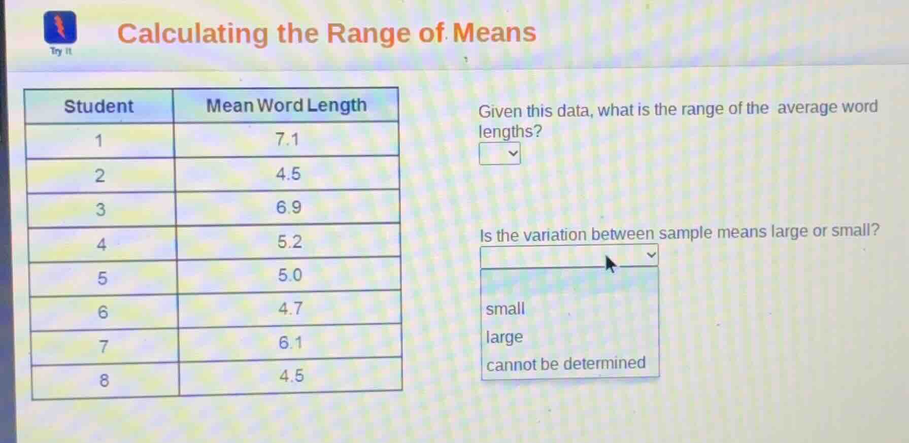 calculating the range of means student | mean word length 1 | 7.1 2 | 4…