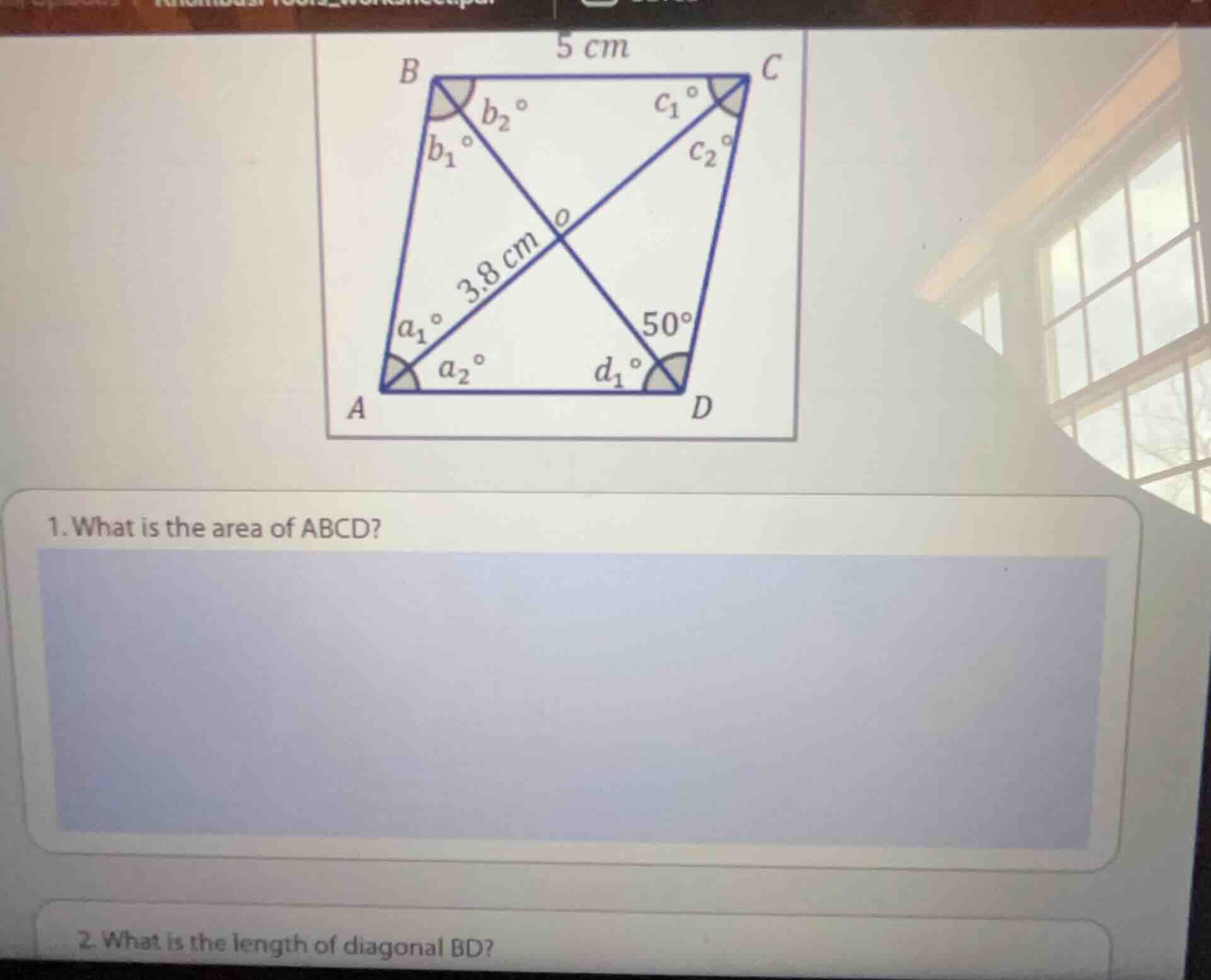 1. what is the area of abcd? 2. what is the length of diagonal bd?