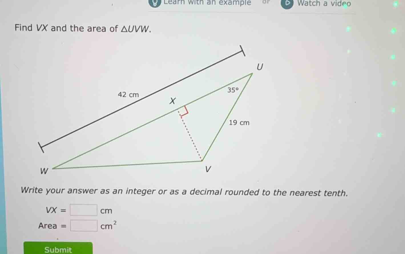 find vx and the area of $\\triangle uvw$. write your answer as an integ…