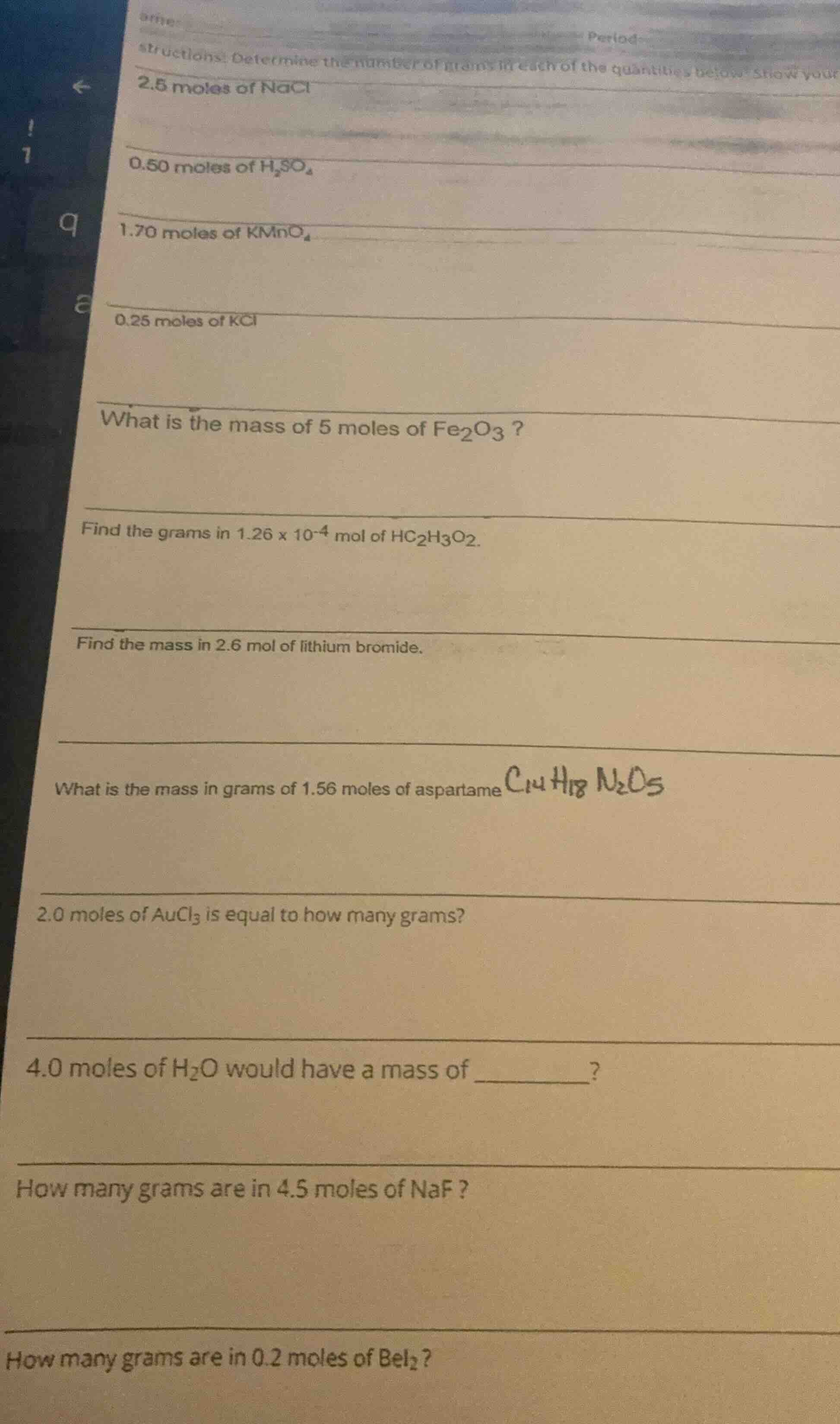 period structions: determine the number of grams in each of the quantit…