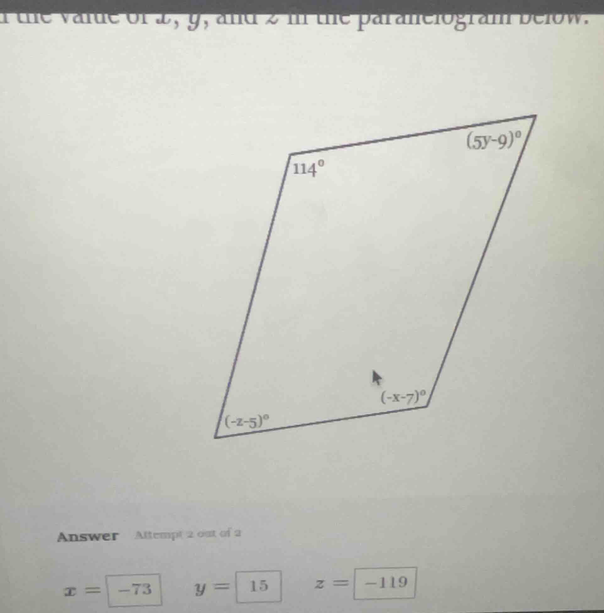 find the value of x, y, and z in the parallelogram below. answer attemp…