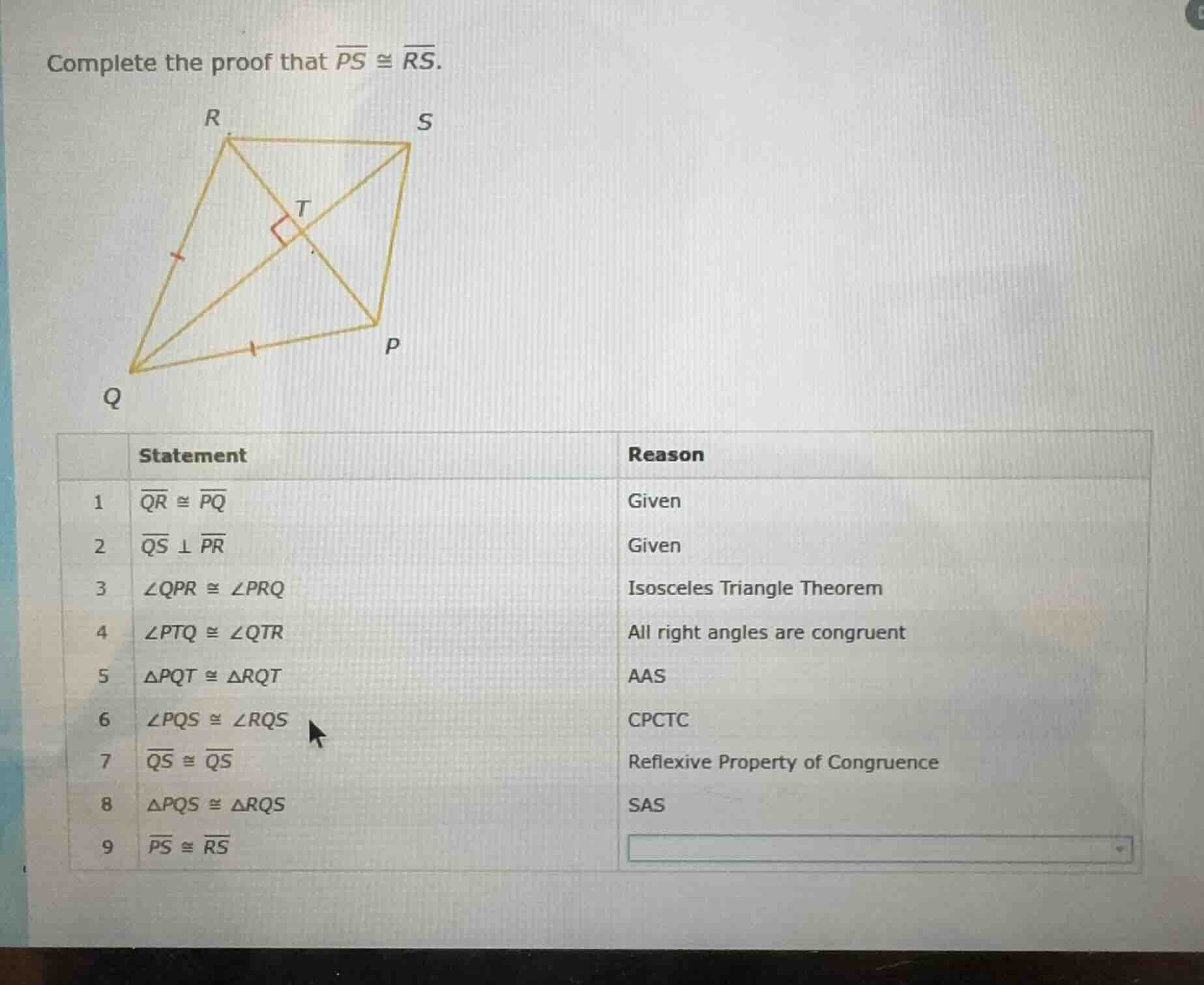 complete the proof that \\(\\overline{ps} \\cong \\overline{rs}\\). | |…