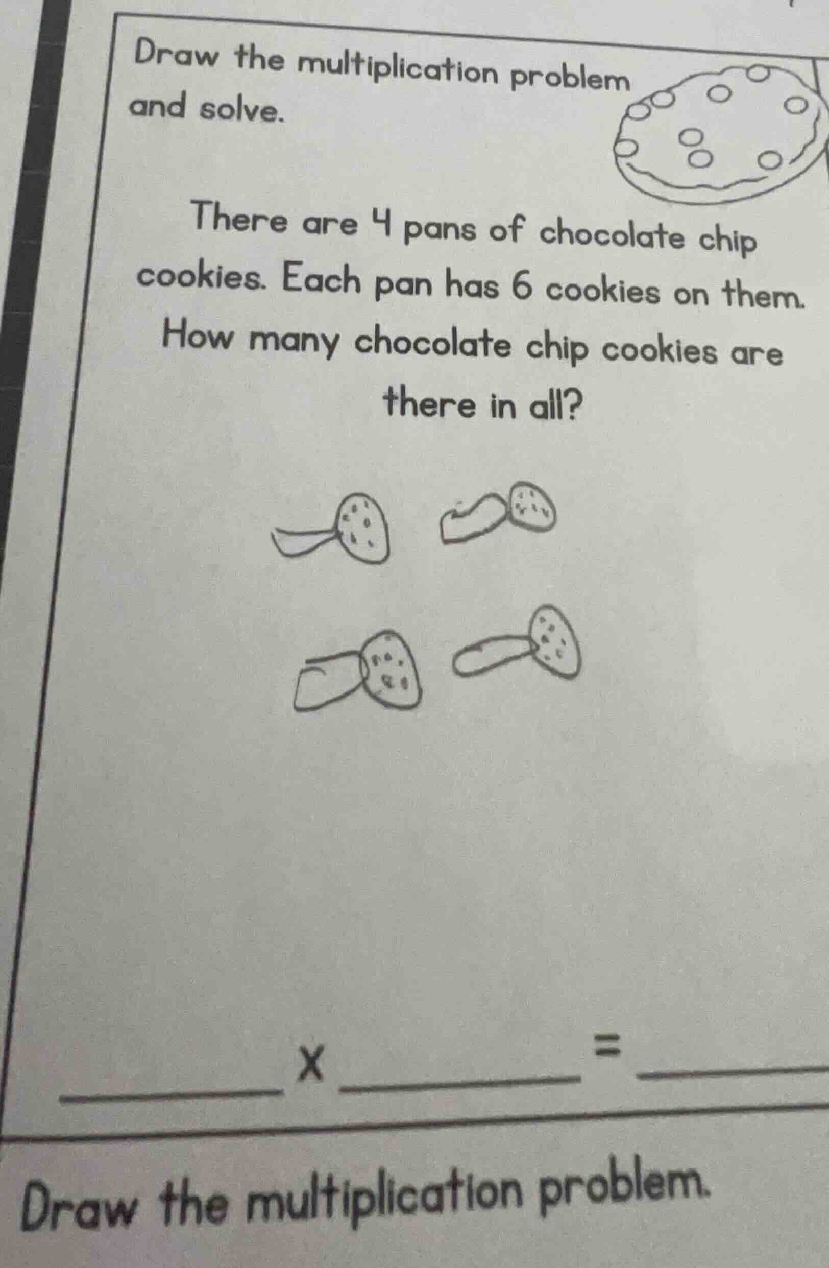 draw the multiplication problem and solve. there are 4 pans of chocolat…