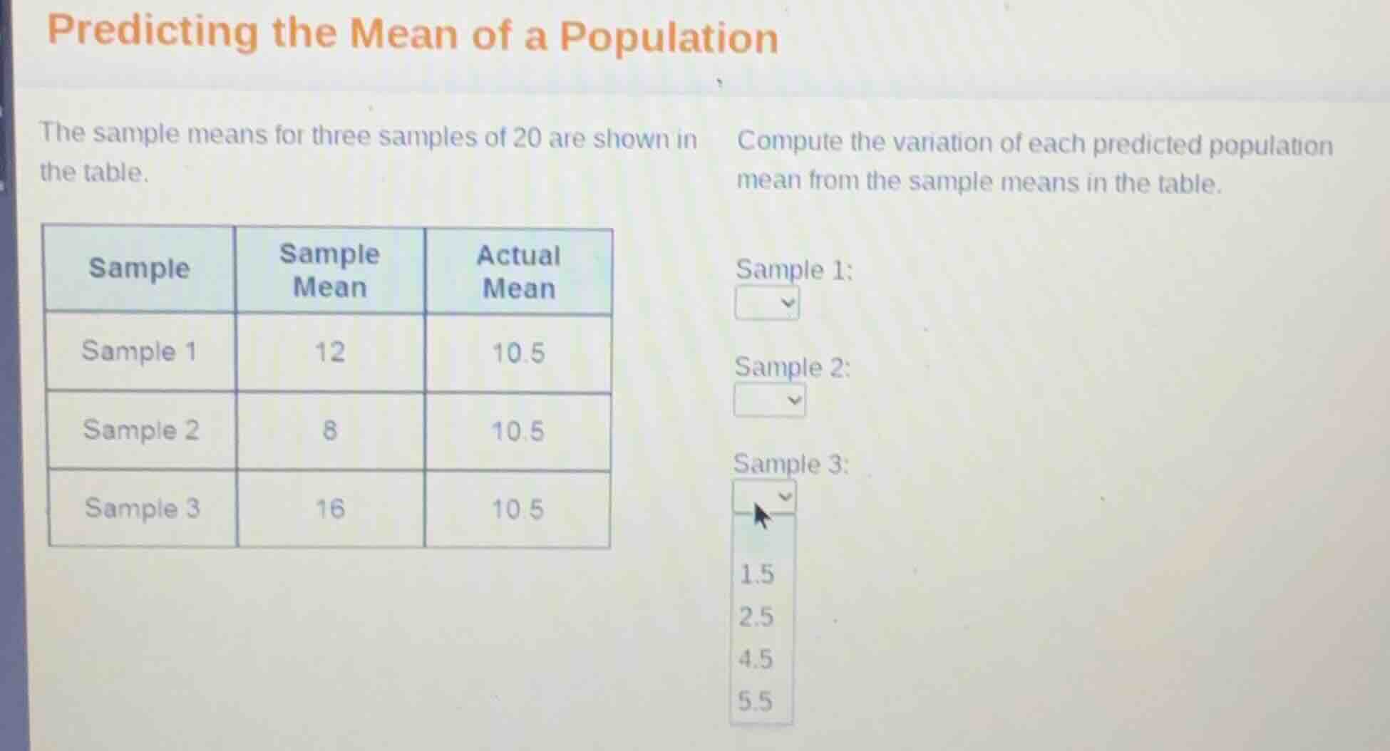 predicting the mean of a population the sample means for three samples …
