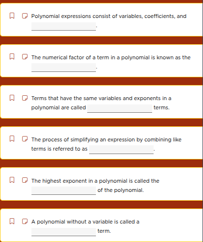 polynomial expressions consist of variables, coefficients, and ________…