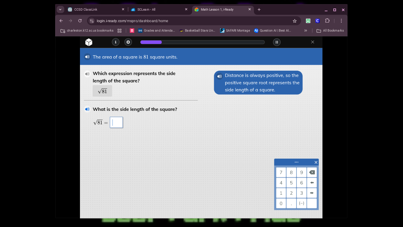 the area of a square is 81 square units. which expression represents th…