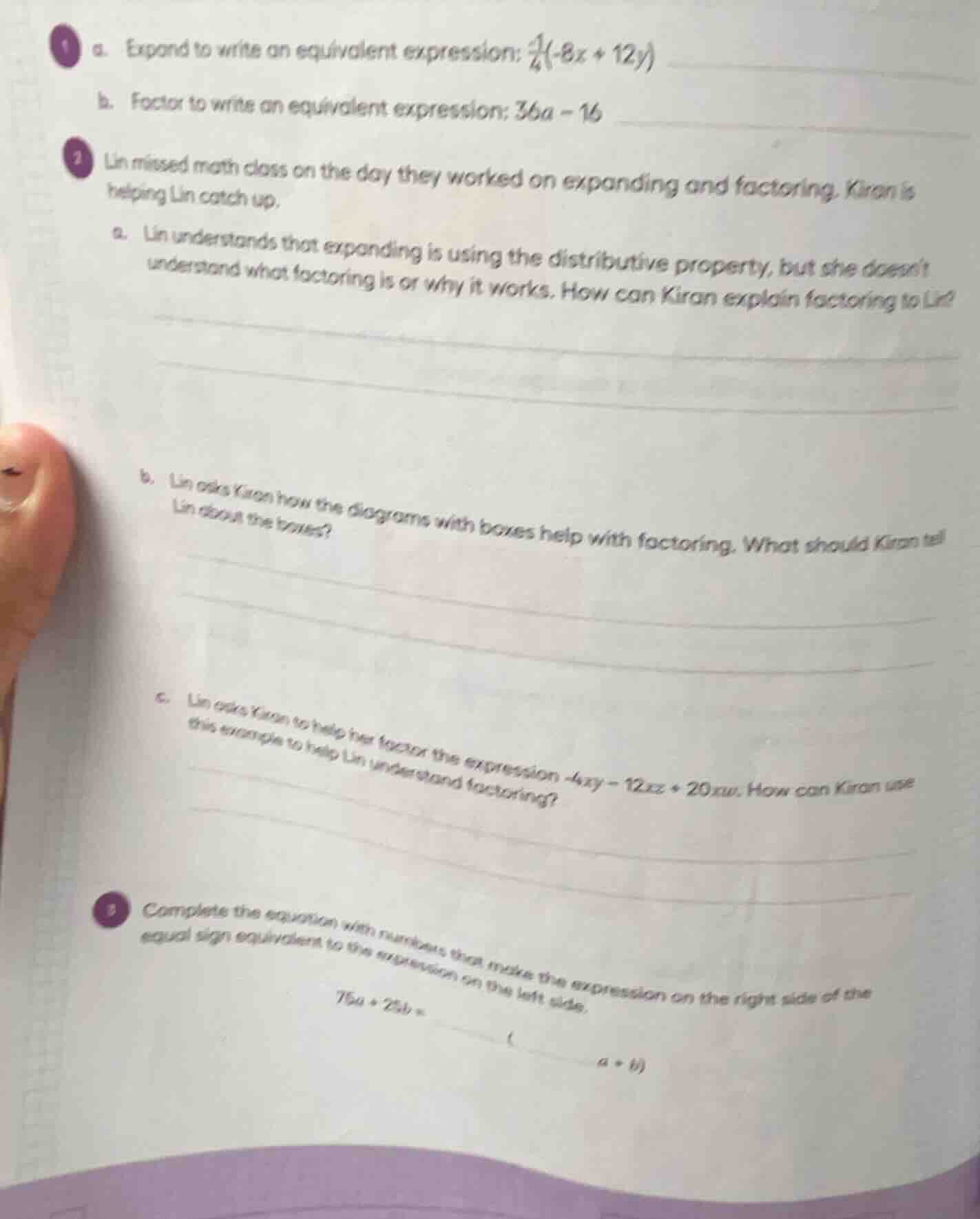 1 a. expand to write an equivalent expression: \\(\\frac{1}{4}(-8x + 12…