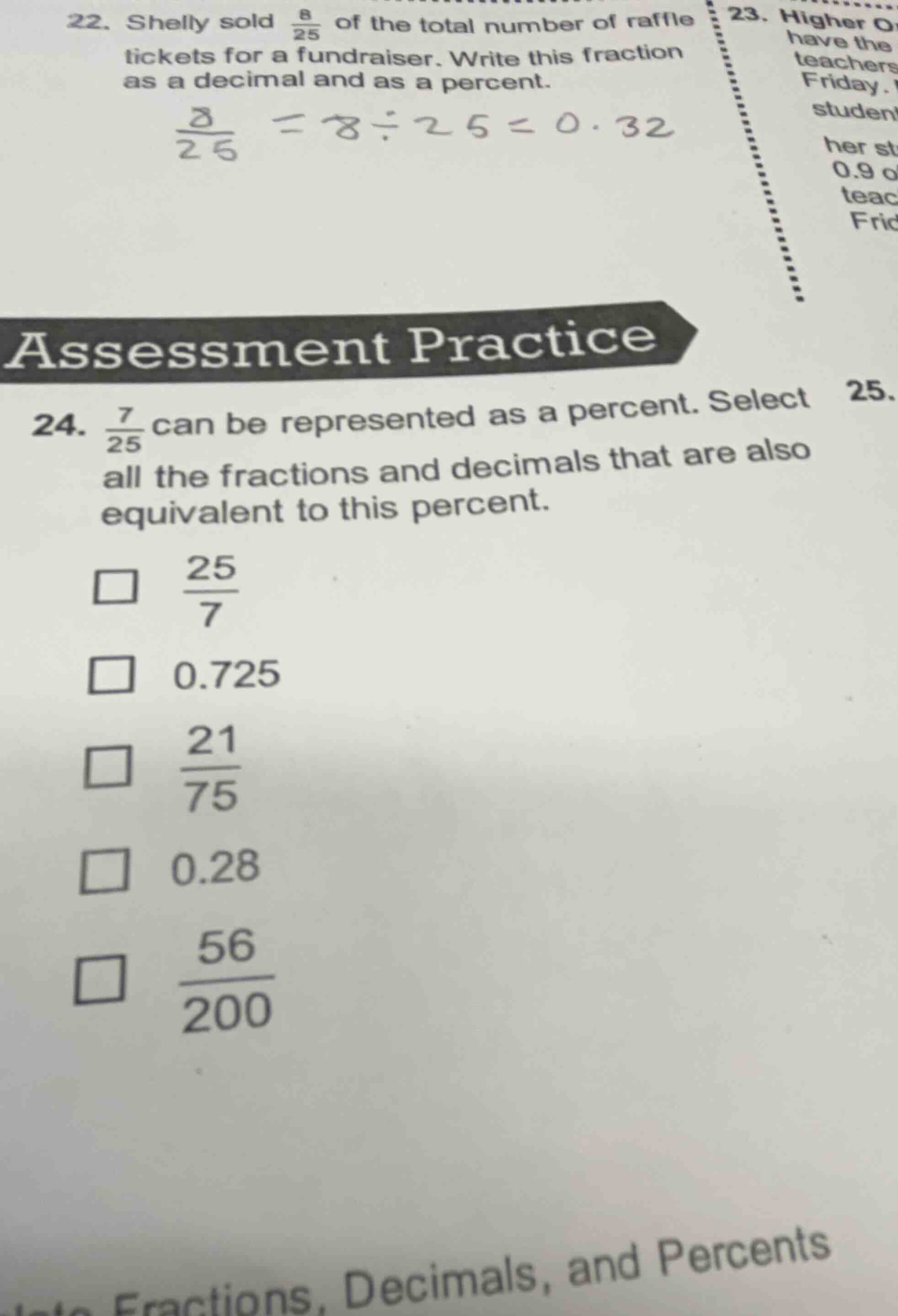 24. \\(\\frac{7}{25}\\) can be represented as a percent. select all the…
