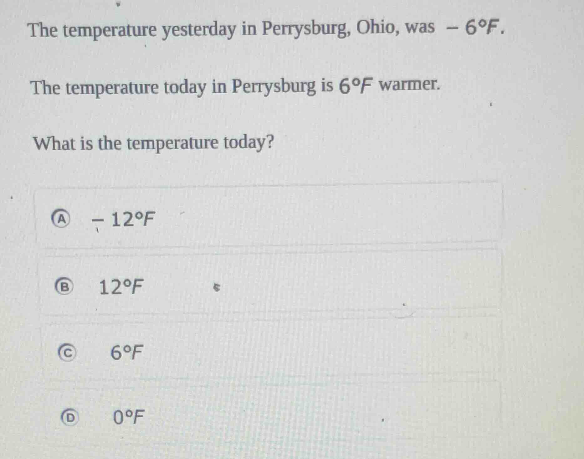 the temperature yesterday in perrysburg, ohio, was $-6^circ$f. the temp…