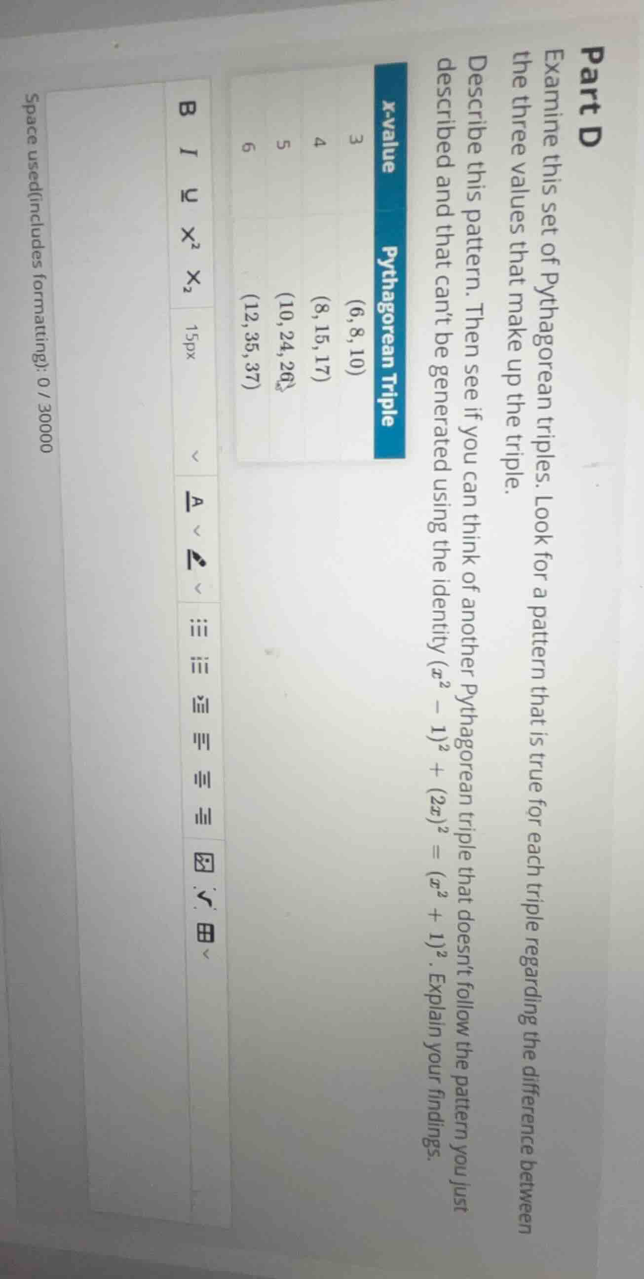 part d examine this set of pythagorean triples. look for a pattern that…