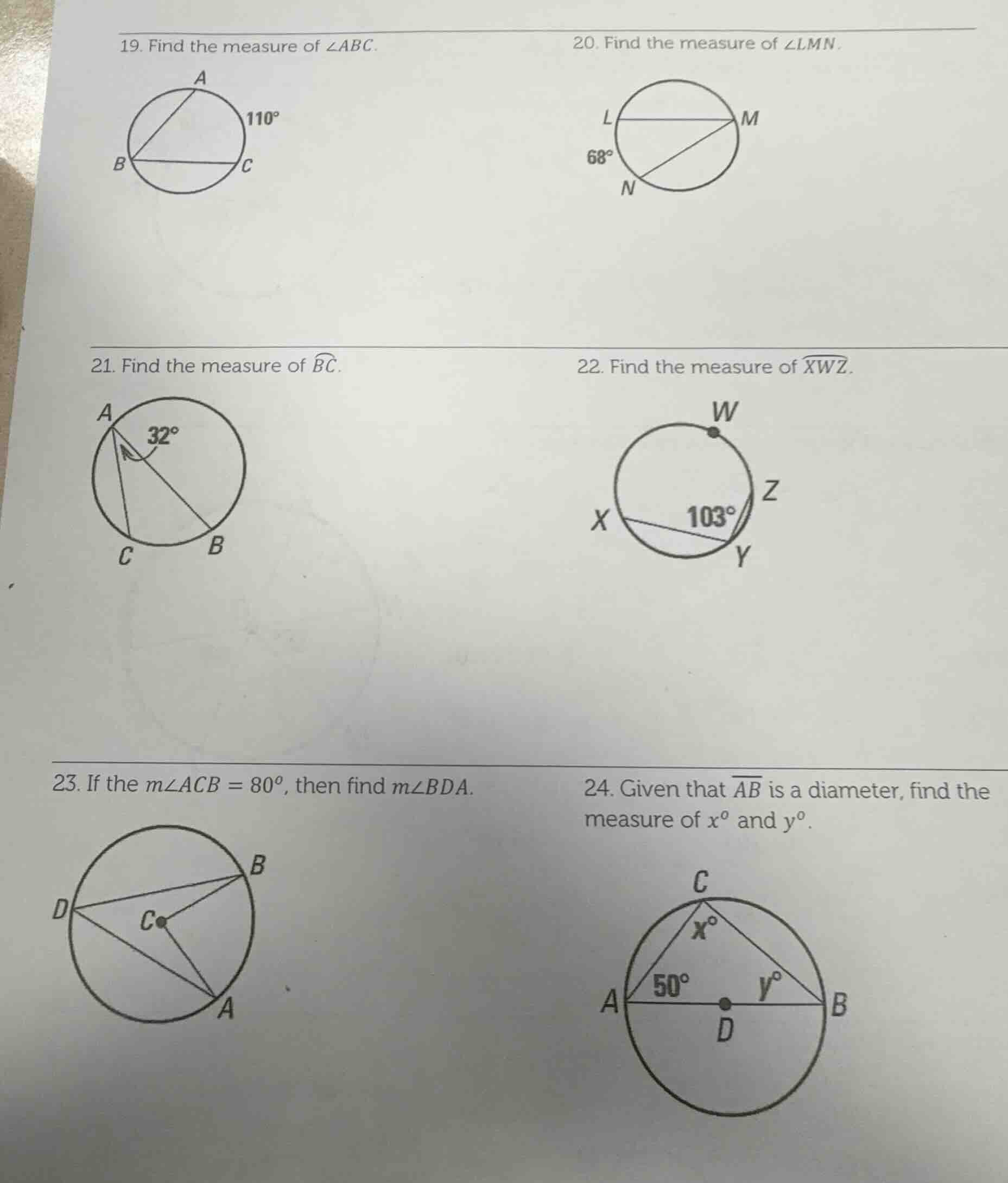 19. find the measure of $\\angle abc$. 20. find the measure of $\\angle…