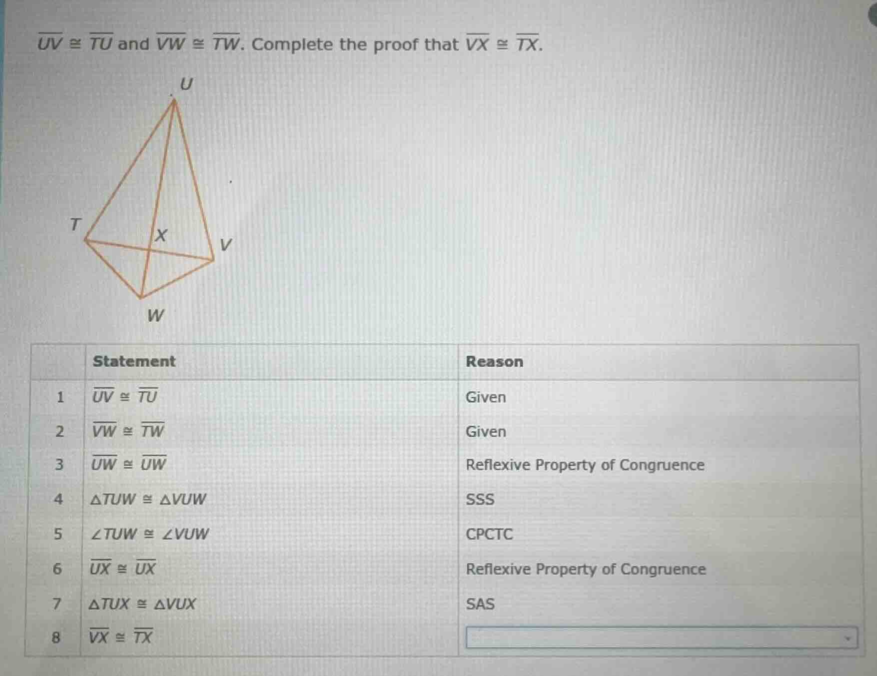 $overline{uv} cong overline{tu}$ and $overline{vw} cong overline{tw}$. …