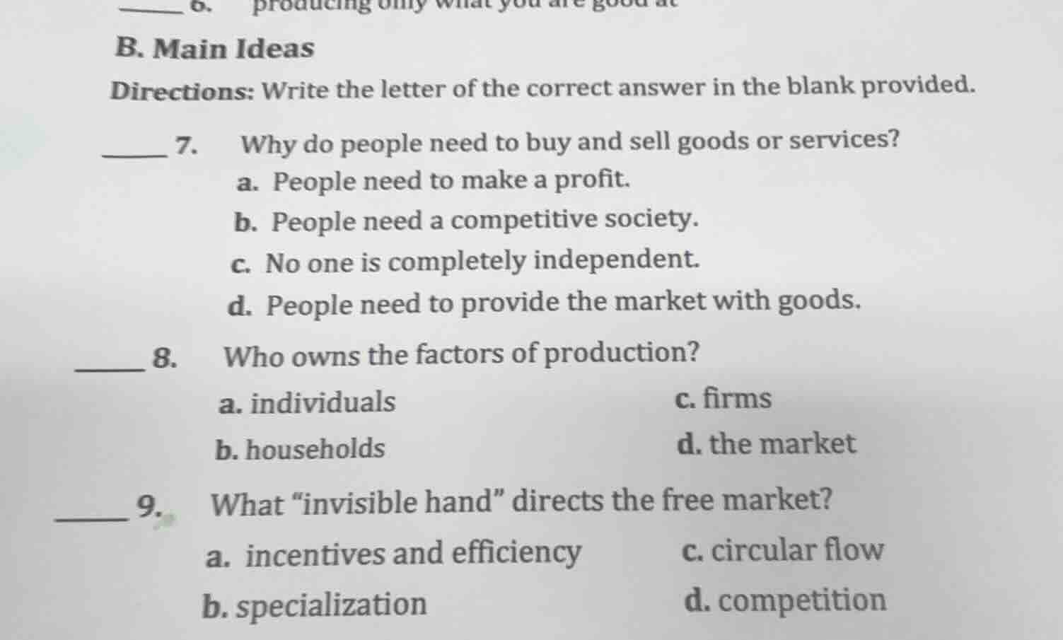 b. main ideas directions: write the letter of the correct answer in the…