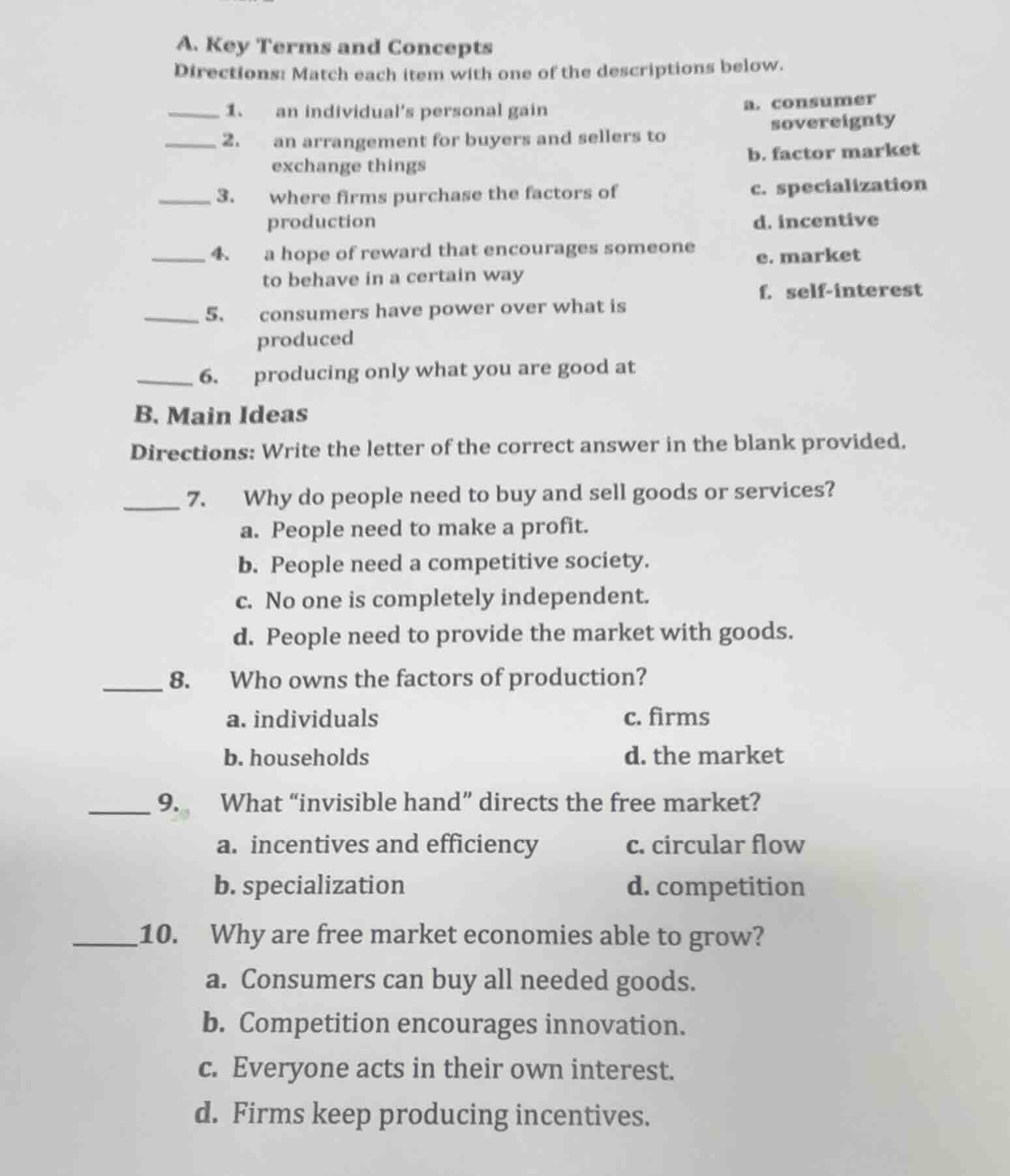 a. key terms and concepts directions: match each item with one of the d…
