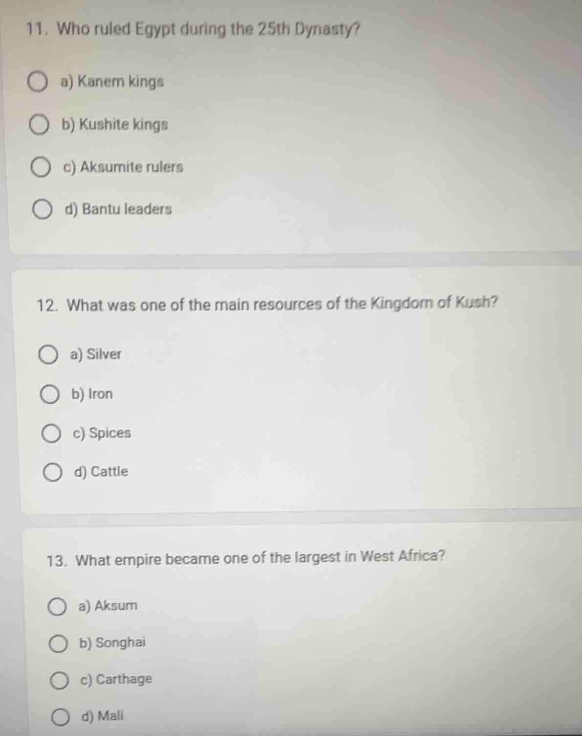 11. who ruled egypt during the 25th dynasty? a) kanem kings b) kushite …