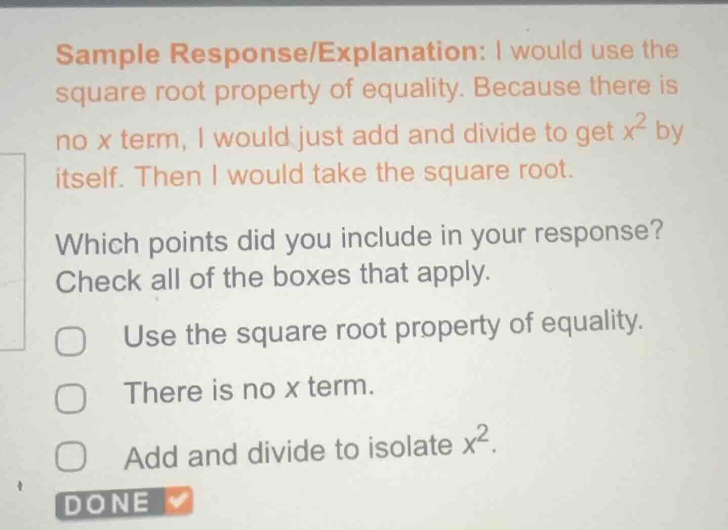sample response/explanation: i would use the square root property of eq…