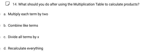 14. what should you do after using the multiplication table to calculat…