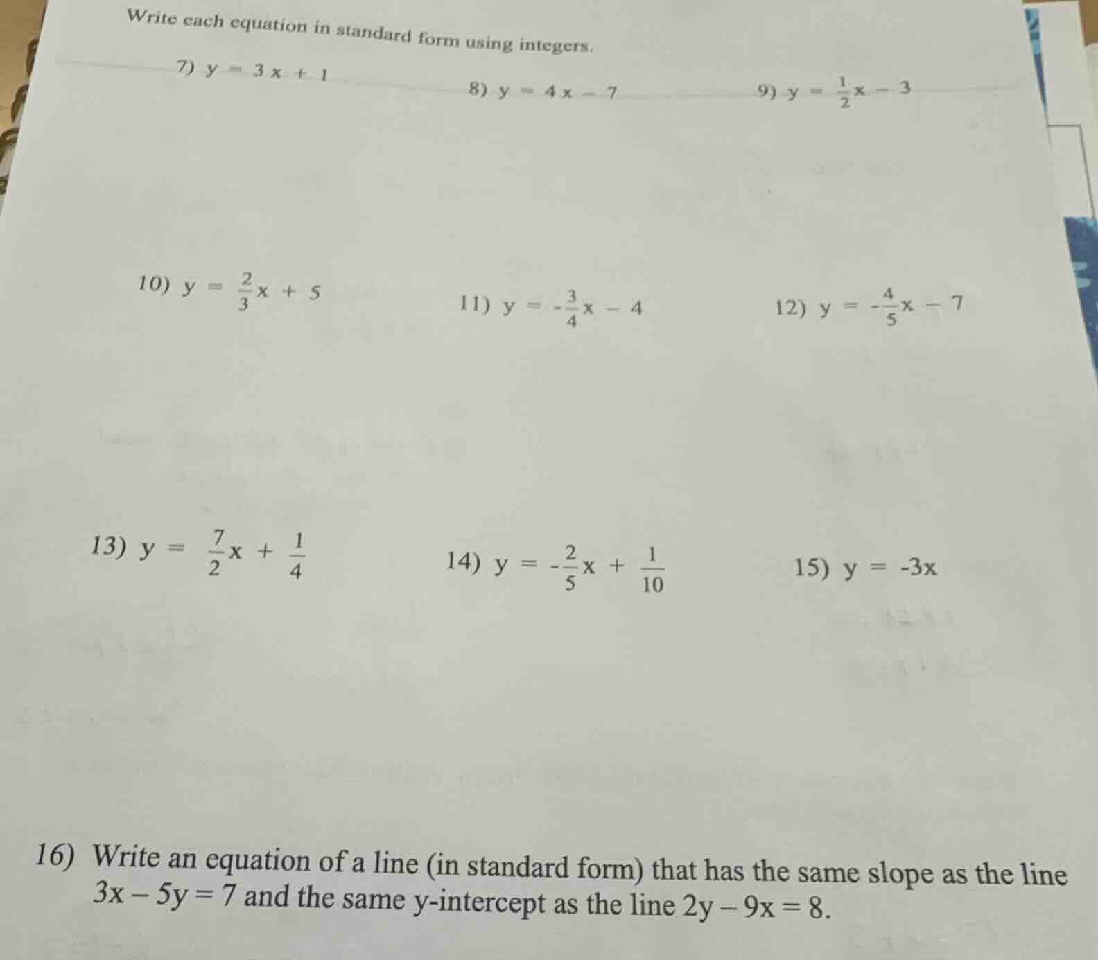 write each equation in standard form using integers. 7) $y = 3x + 1$ 8)…