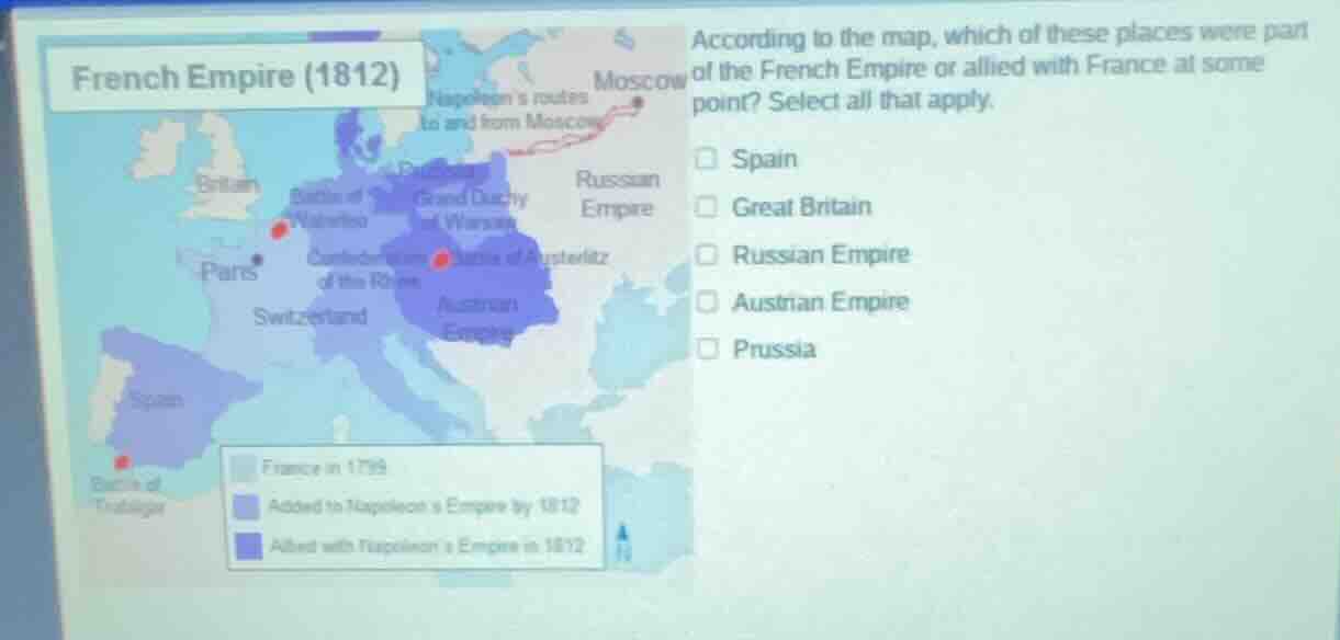 french empire (1812) according to the map, which of these places were p…