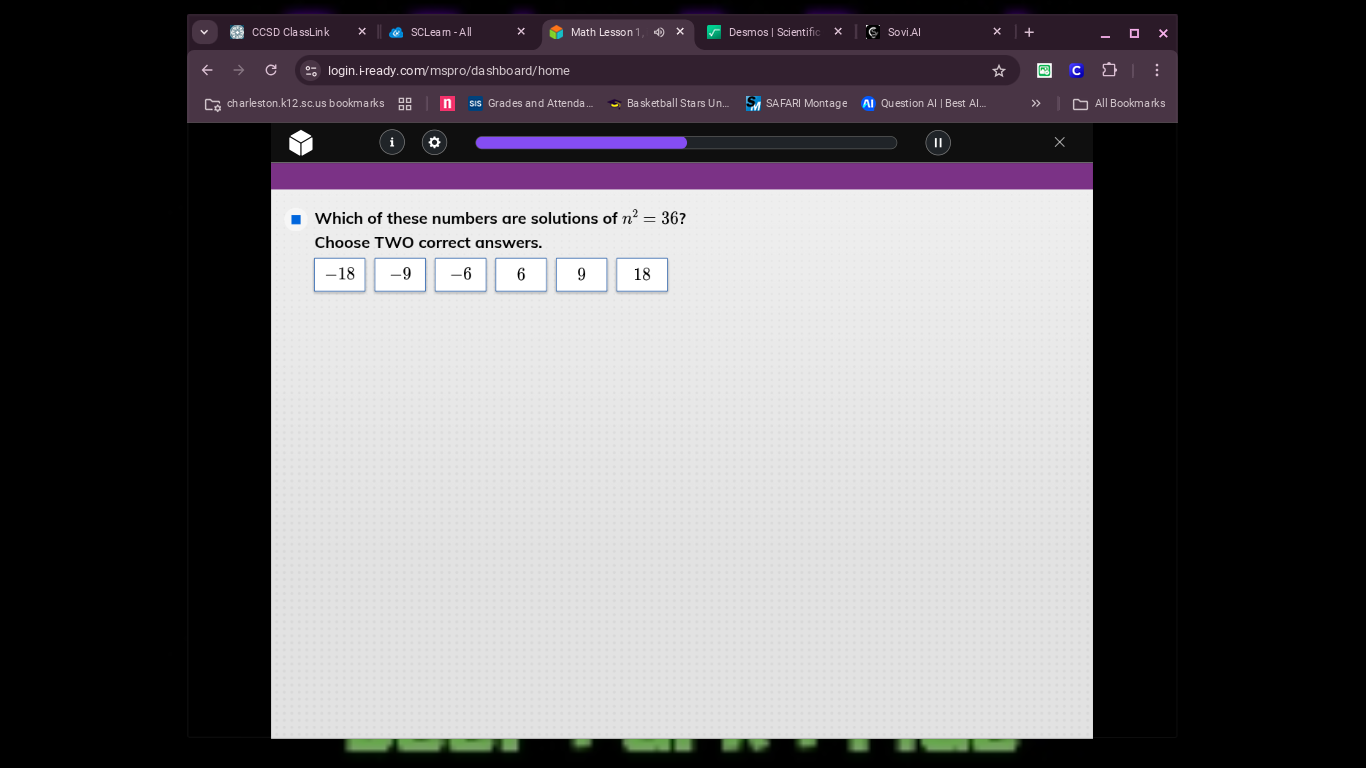 which of these numbers are solutions of $n^2 = 36$? choose two correct …