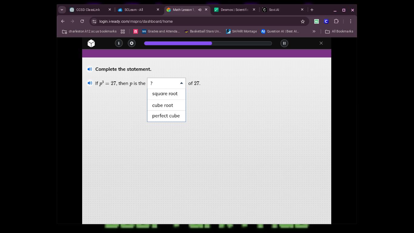 complete the statement. if $p^3 = 27$, then $p$ is the ? of 27. square …