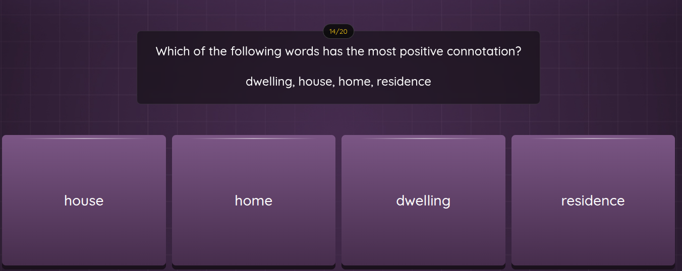 which of the following words has the most positive connotation? dwellin…