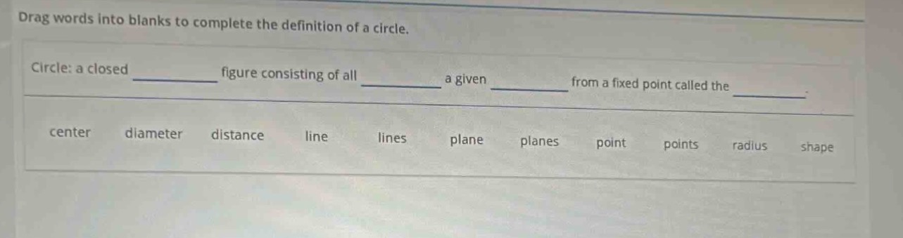 drag words into blanks to complete the definition of a circle. circle: …