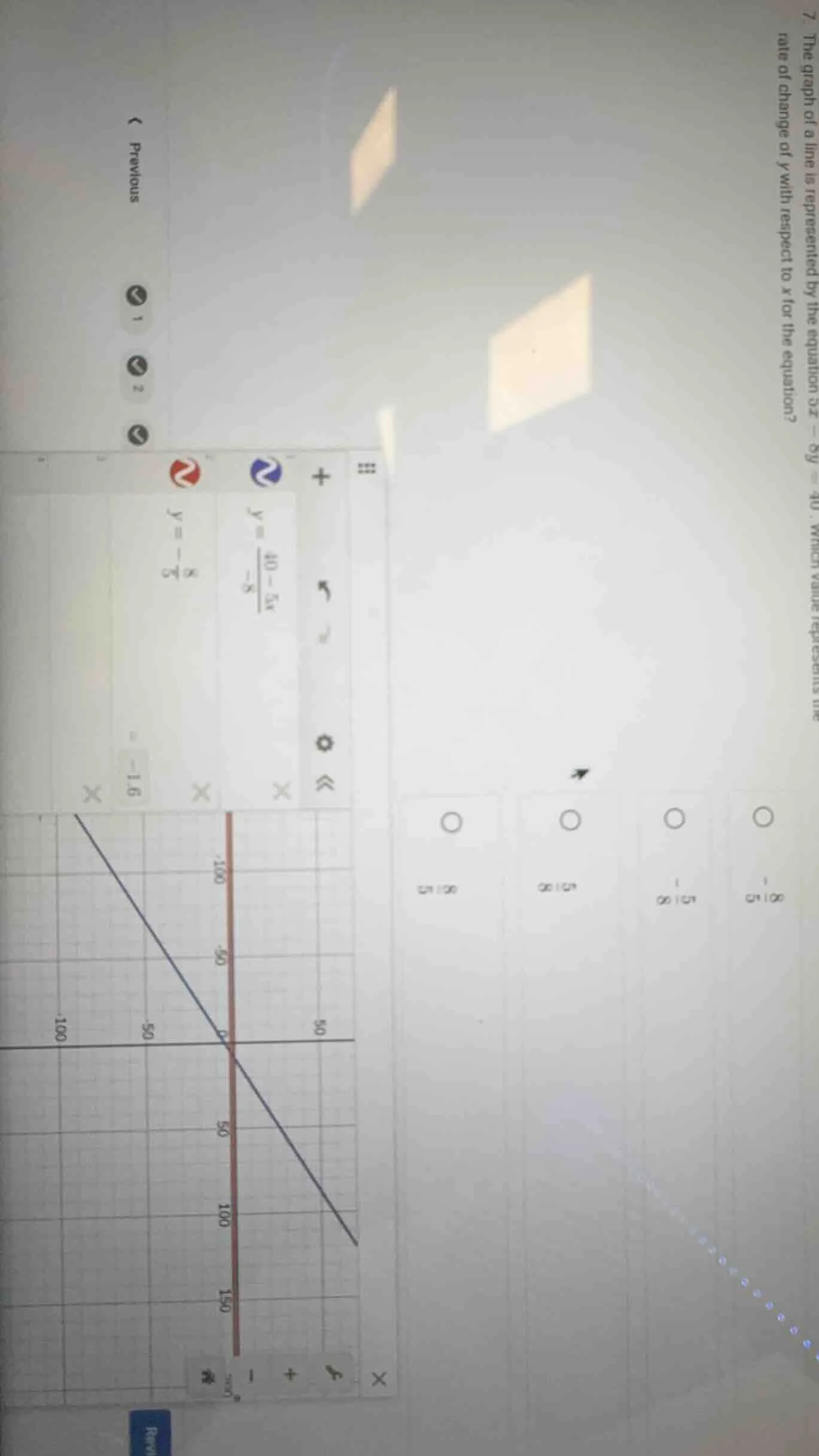 7. the graph of a line is represented by the equation ( 5x - 8y = 40 ).…