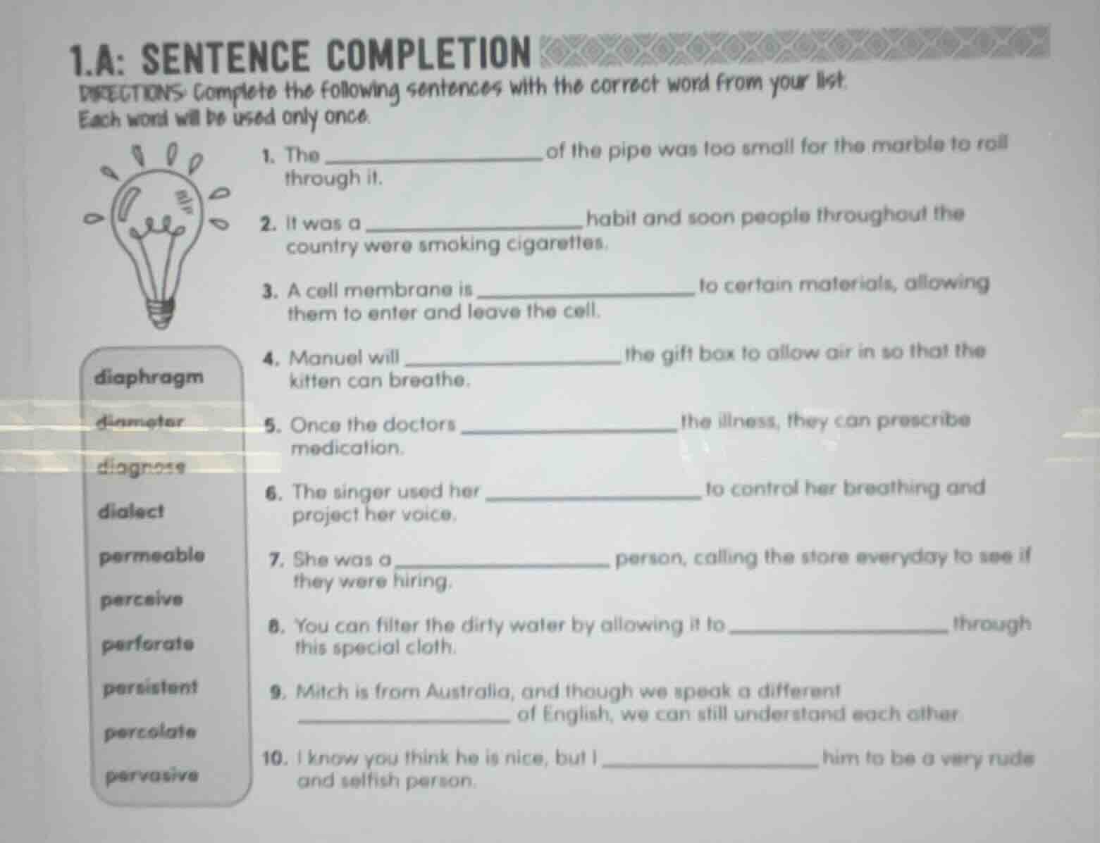 1.a: sentence completion directions: complete the following sentences w…