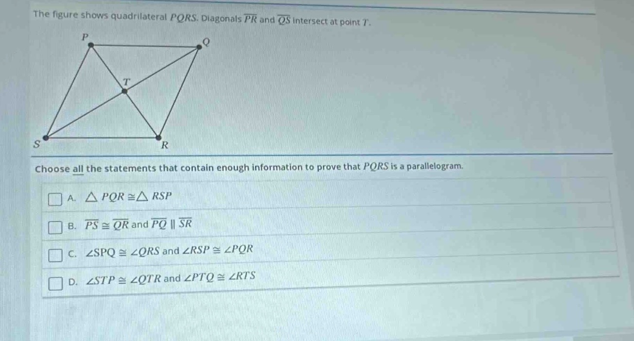 the figure shows quadrilateral pqrs. diagonals \\(\\overline{pr}\\) and…