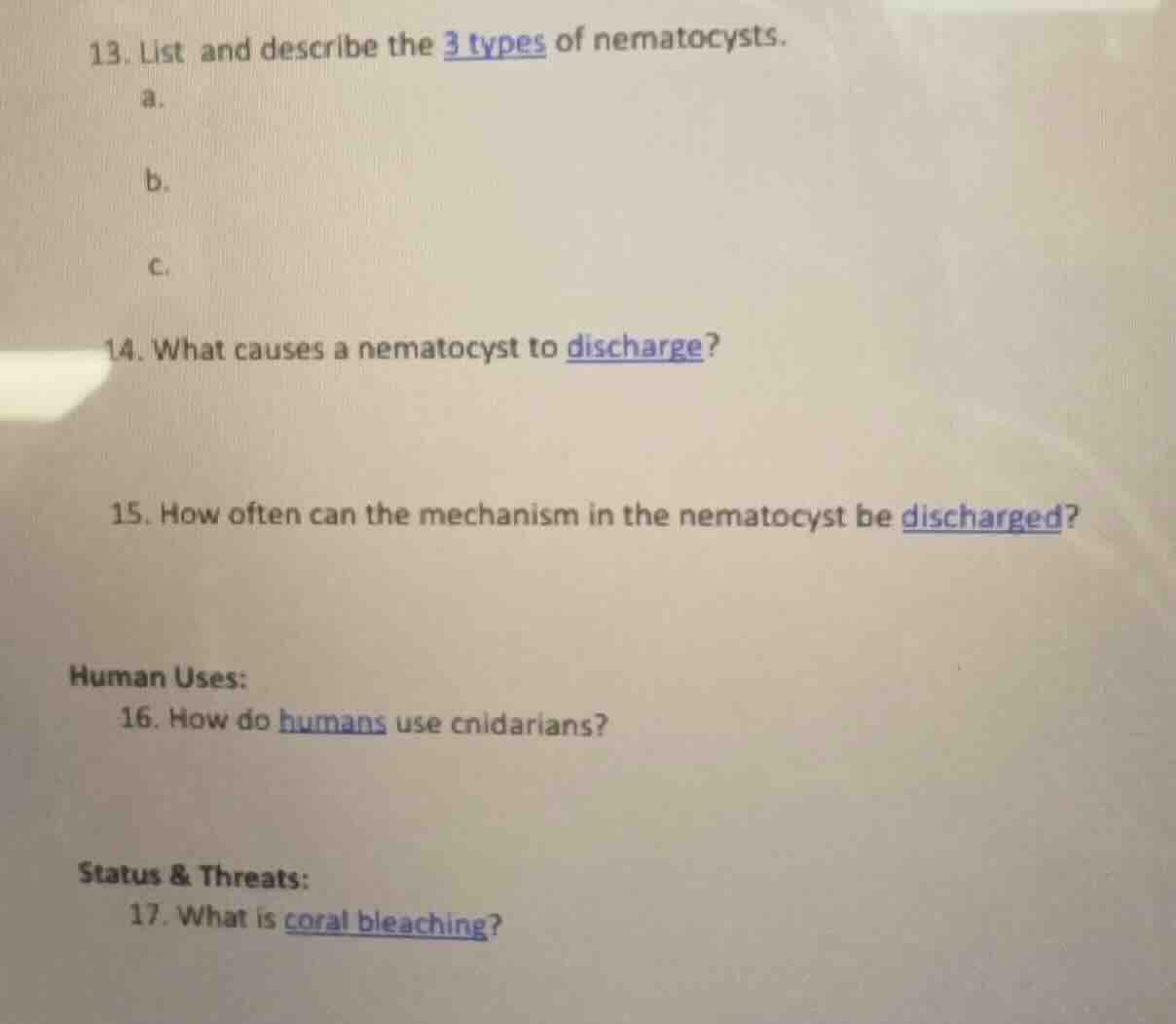 13. list and describe the 3 types of nematocysts. a. b. c. 14. what cau…