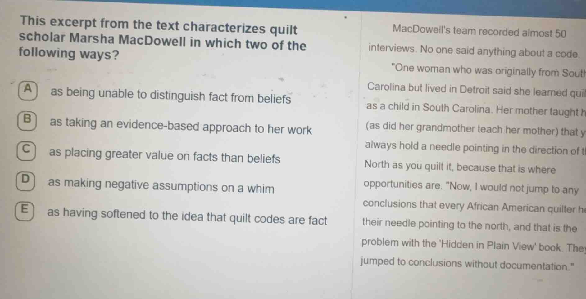 this excerpt from the text characterizes quilt scholar marsha macdowell…