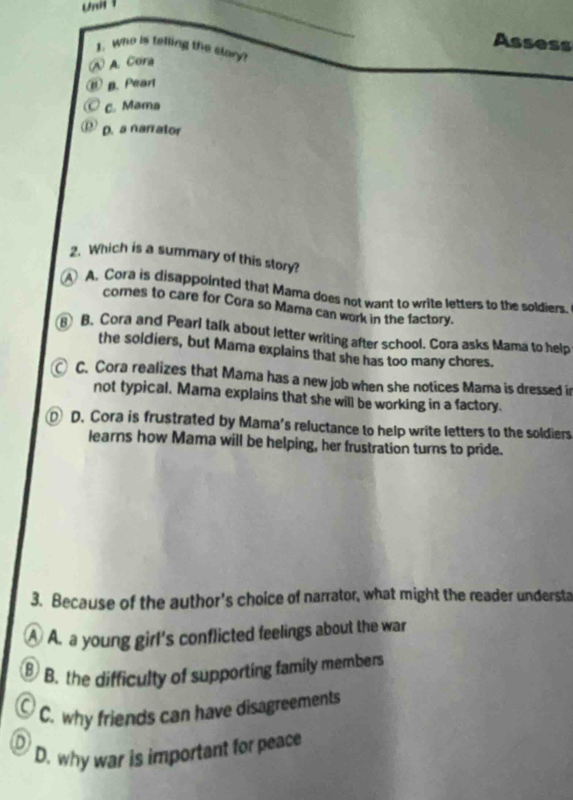 1. who is telling the story? a. cora b. pearl c. mama d. a narrator 2. …