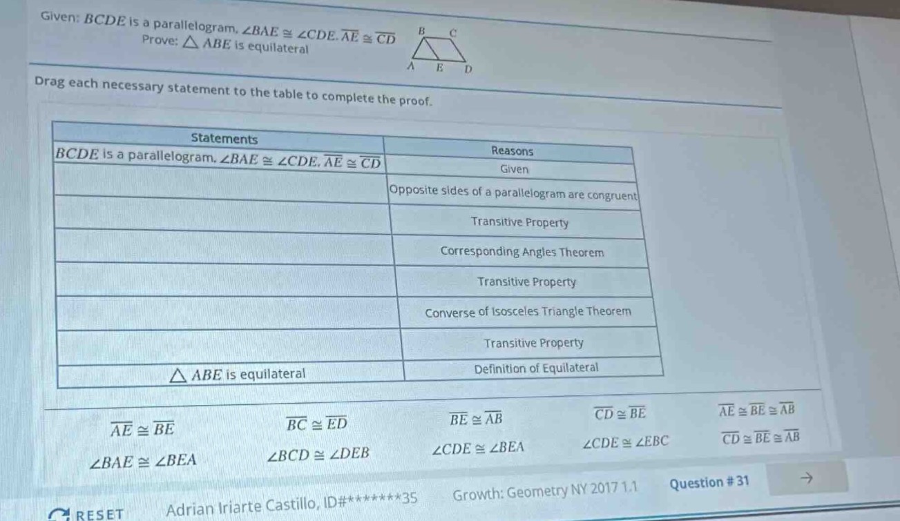 given: bcde is a parallelogram, ∠bae ≅ ∠cde, overline{ae} ≅ overline{cd…