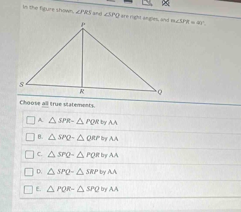 in the figure shown, $\\angle prs$ and $\\angle spq$ are right angles, …