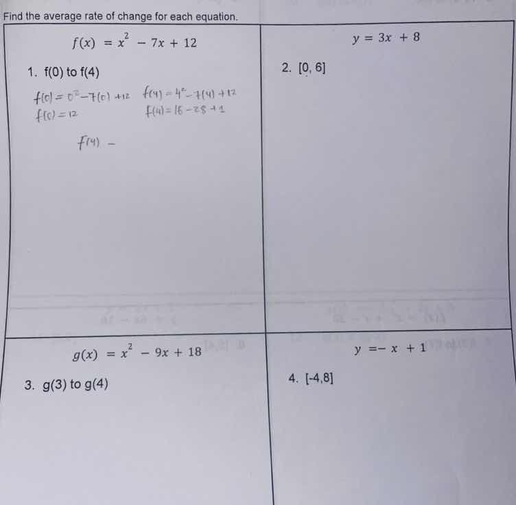 find the average rate of change for each equation. 1. $f(x) = x^2 - 7x …