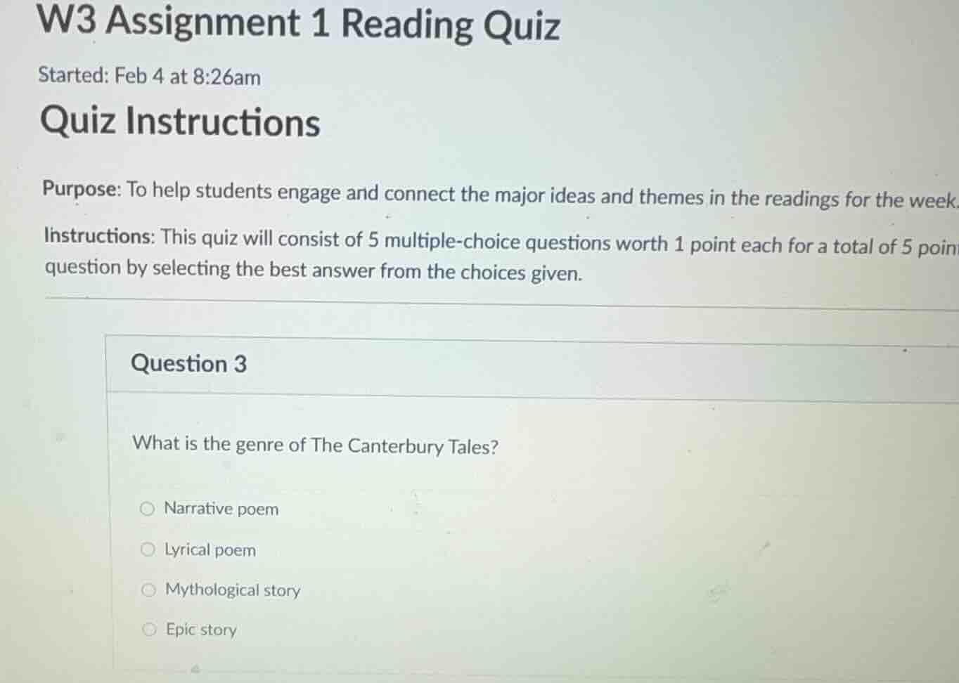 w3 assignment 1 reading quiz started: feb 4 at 8:26am quiz instructions…