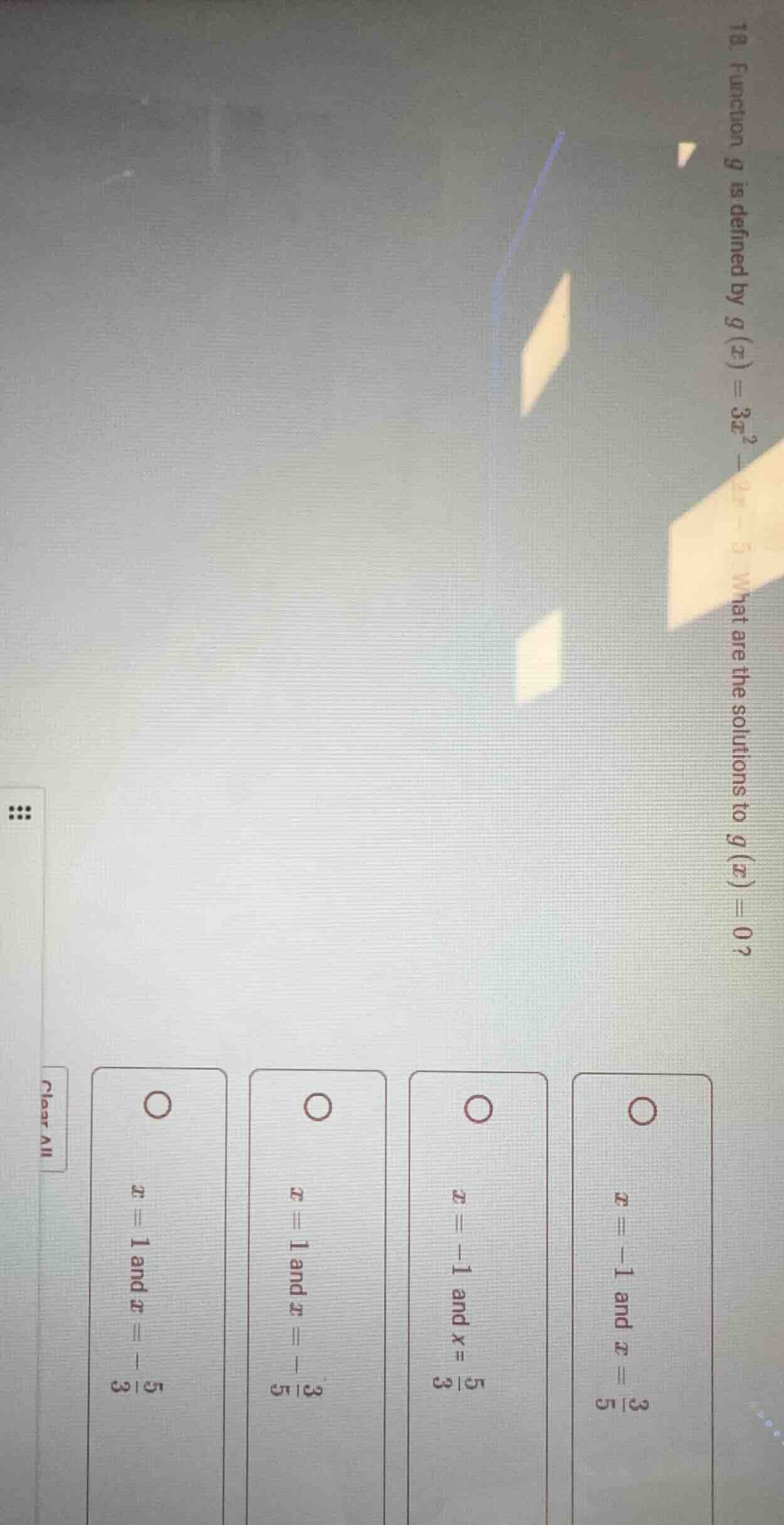 18. function ( g ) is defined by ( g(x) = 3x^2 - 2x - 5 ). what are the…